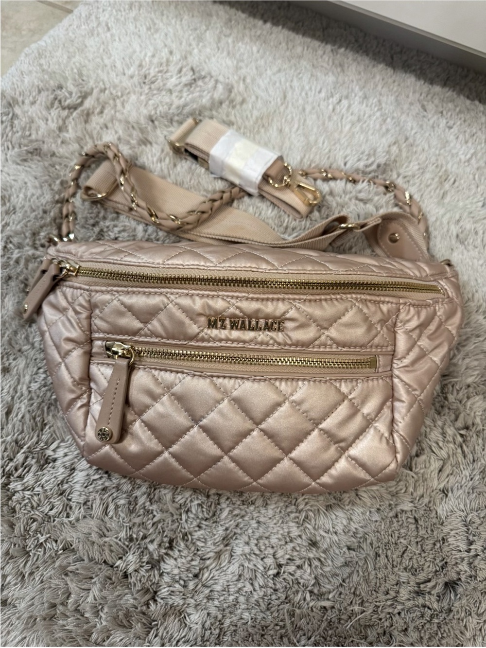 MZ Wallace Quilted Metallic Blush Crossbody Belt Bag